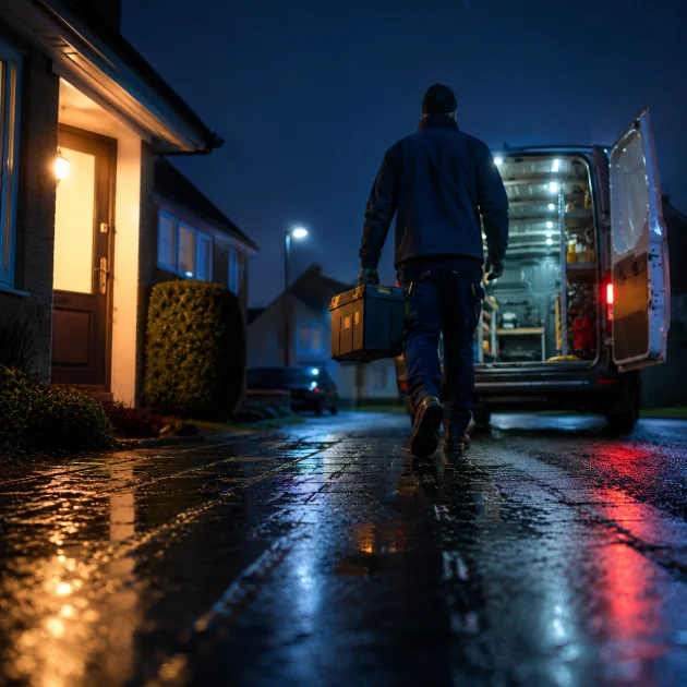 24-hour emergency plumber arriving at a home in Hounslow at night carrying a toolbox for an urgent plumbing repair